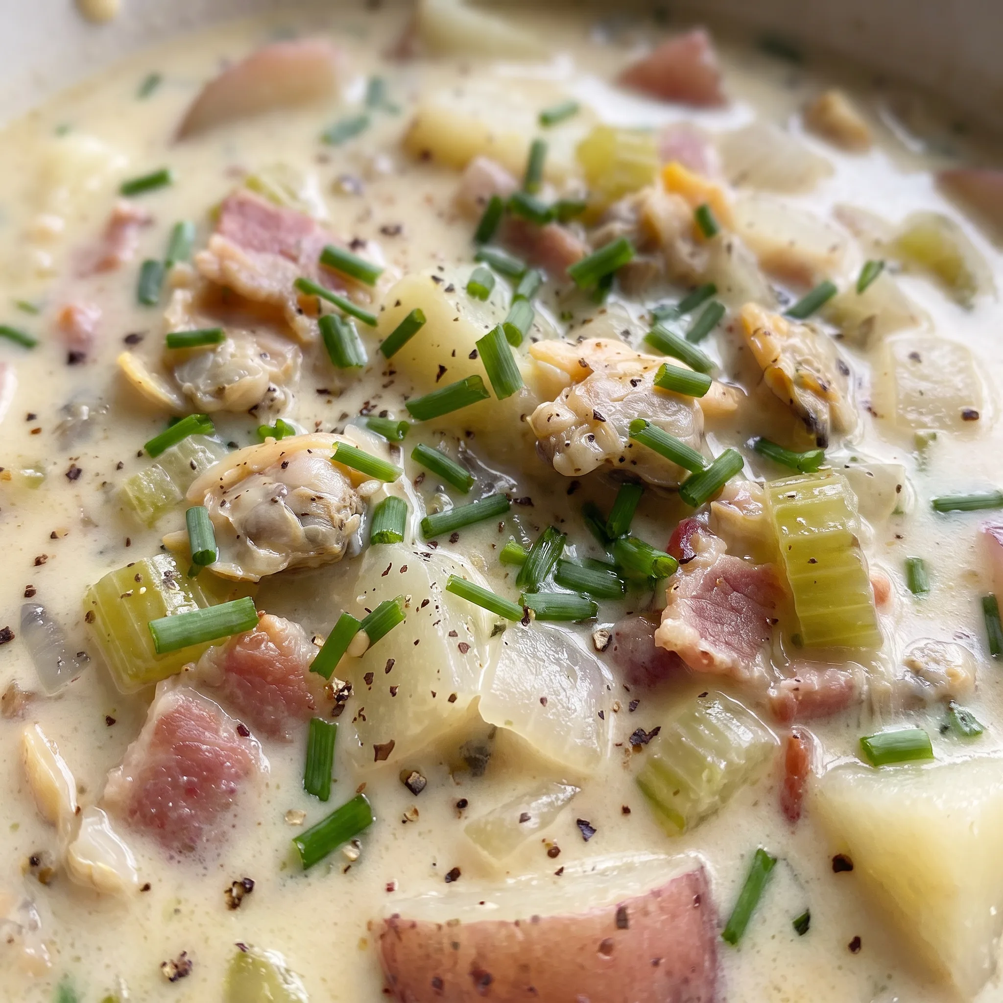 Thick cream chowder with tender clam pieces, crisp bacon, soft potato cubes, and pale green celery bits.