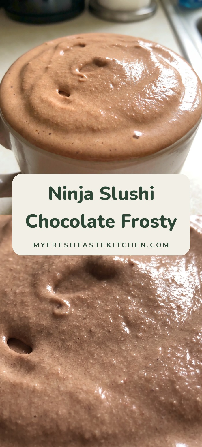 Creamy chocolate frosty in glasses, topped with swirls of white Cool Whip, with chocolate milk and sweetened condensed milk blended smooth.