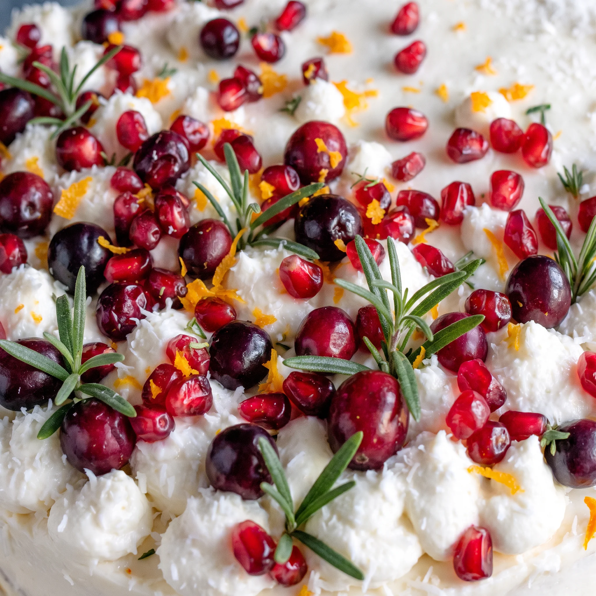 Cream cheese frosting swirls over orange cake layers, with glossy cranberry filling visible at the edge.
