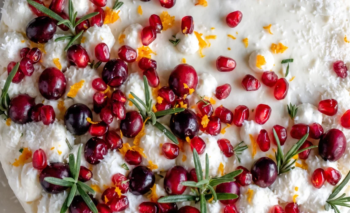 Orange layer cake with cream cheese frosting and a cranberry filling between two orange sponge layers.