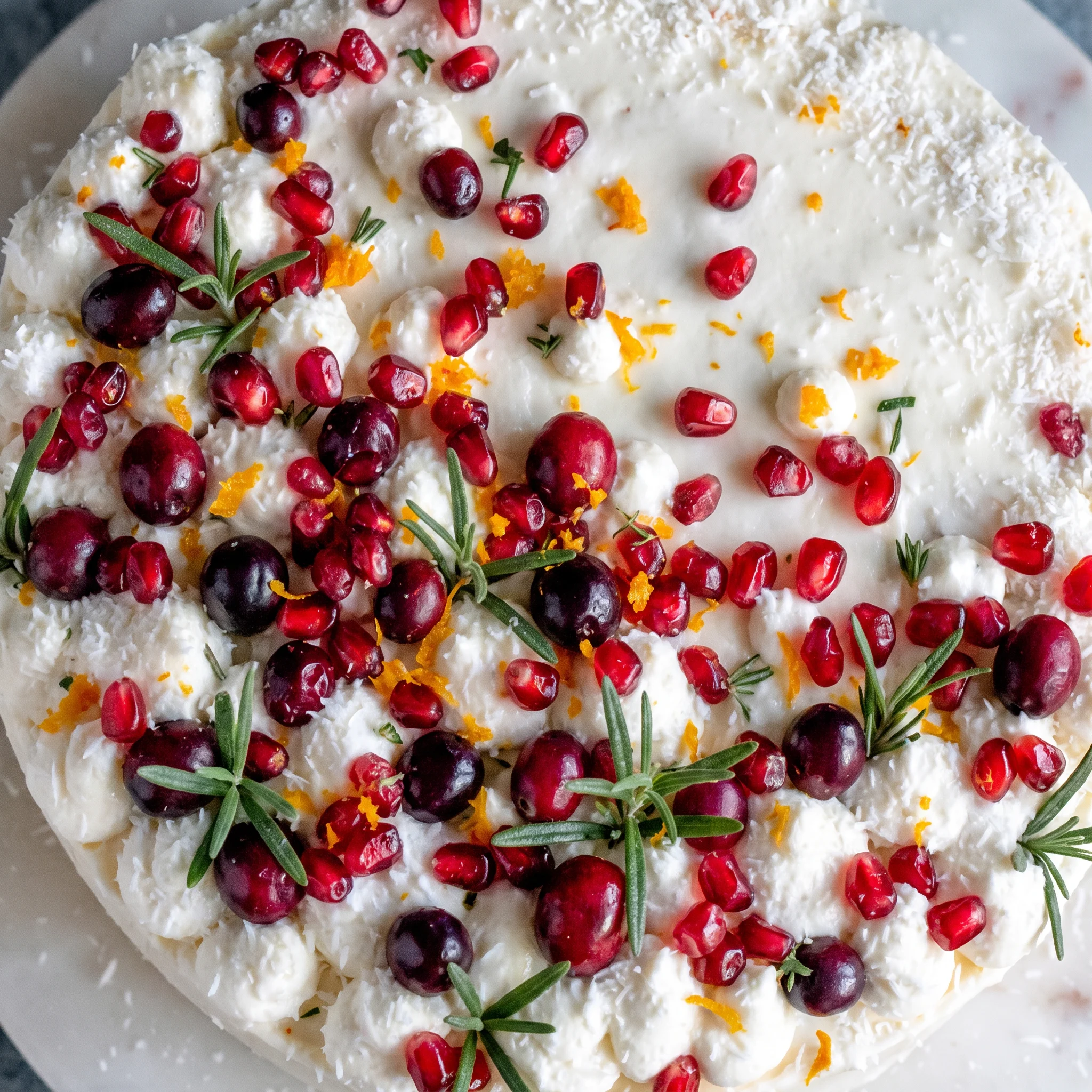 Orange layer cake with cream cheese frosting and a cranberry filling between two orange sponge layers.
