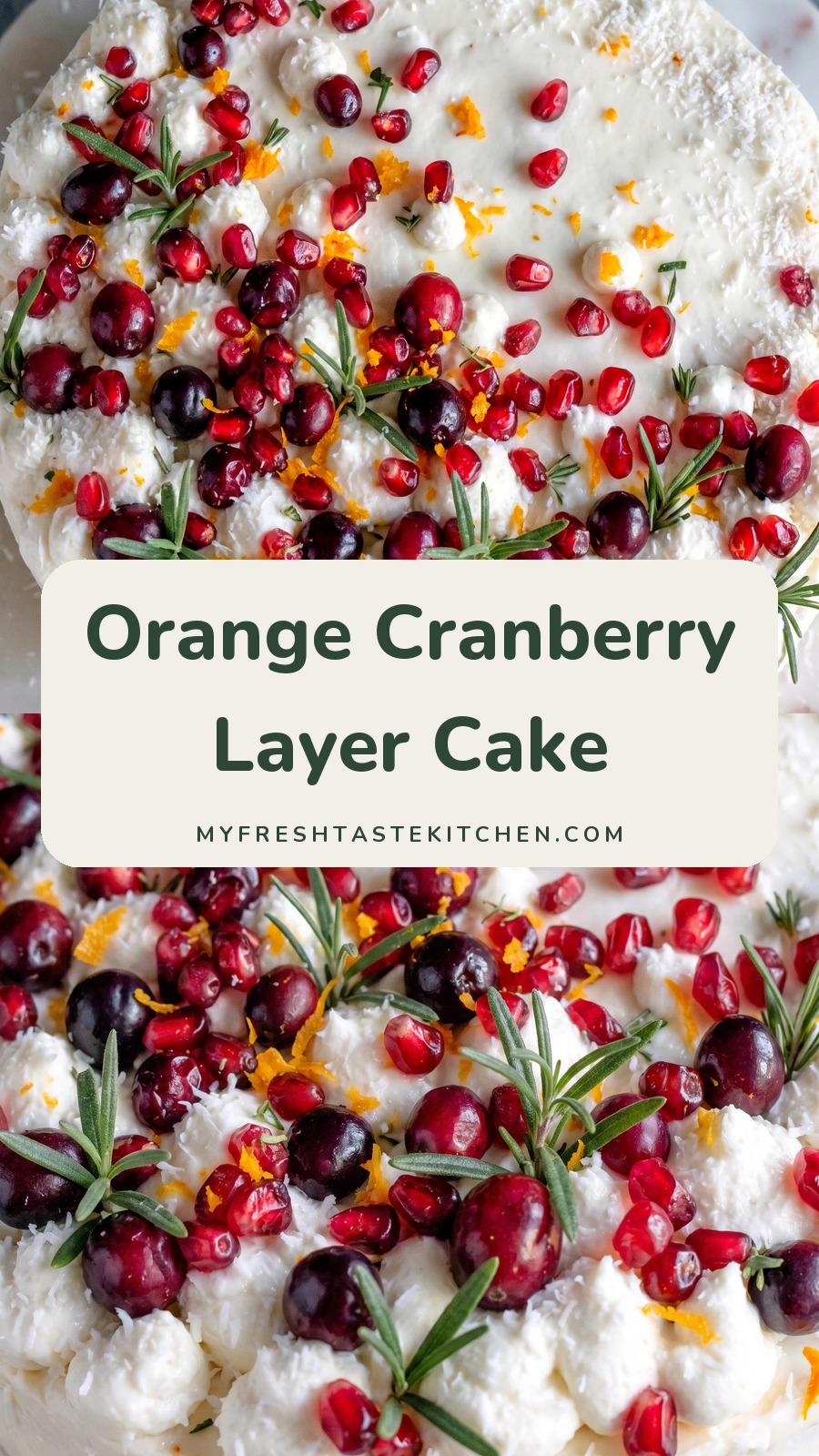 Top of a white frosted cake covered with sugared cranberries, rosemary sprigs and orange zest.