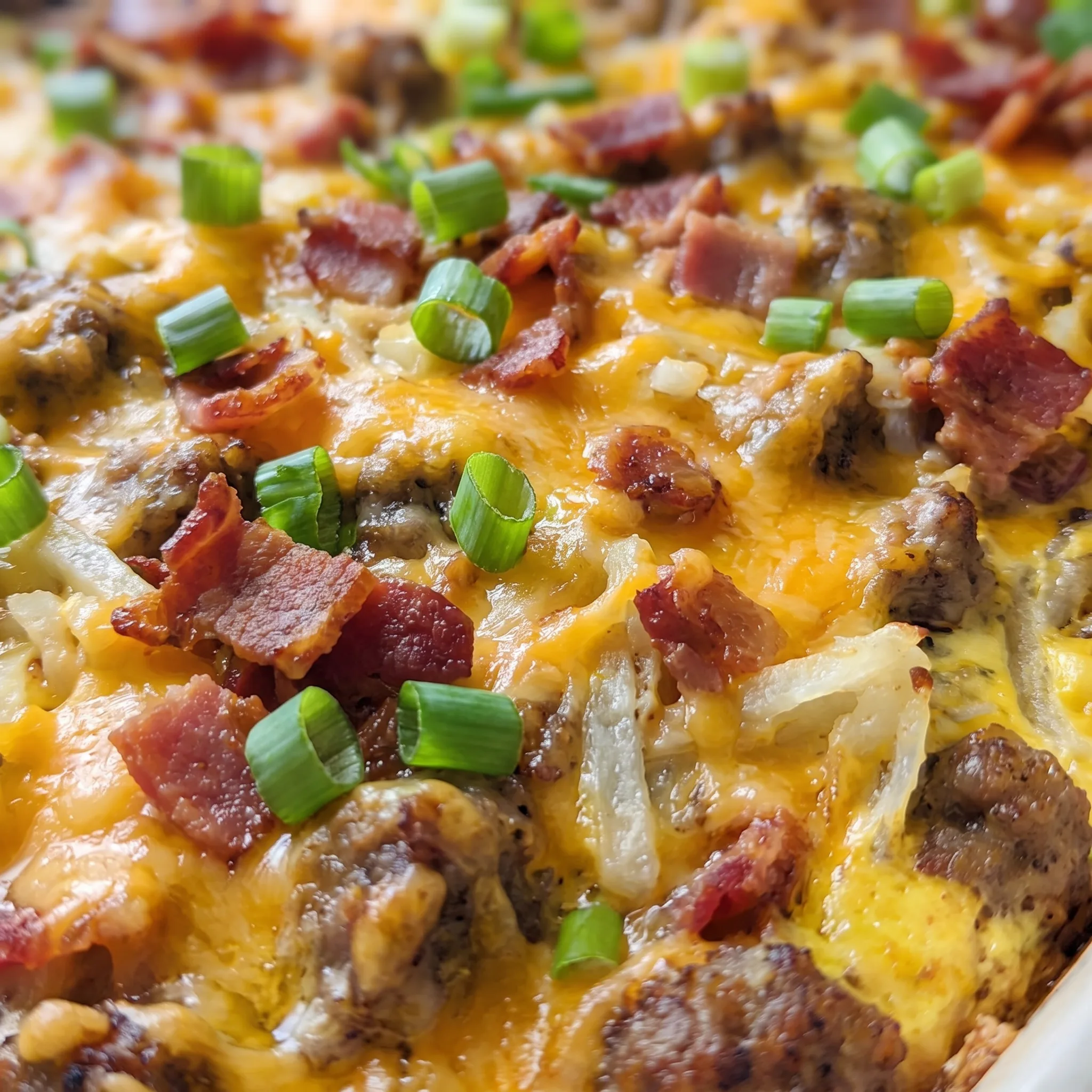 Golden baked egg casserole with crumbled sausage, bacon pieces, shredded hash browns, and bubbling cheddar cheese.