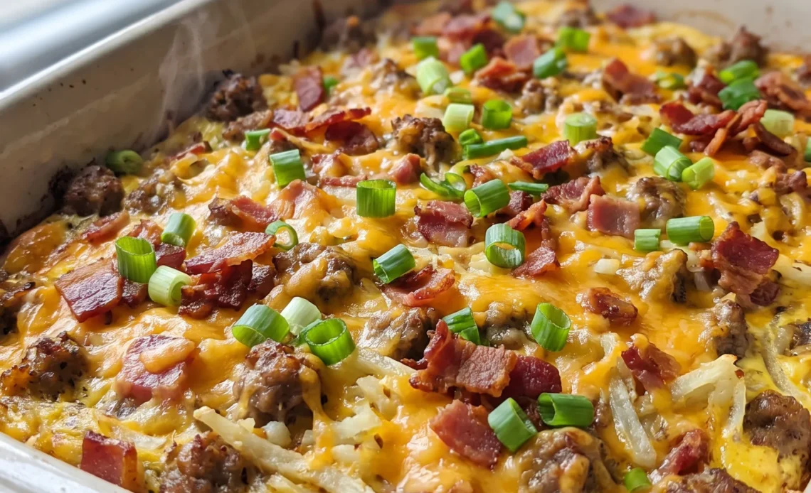 Overnight breakfast casserole with layers of hash browns, sausage, bacon, and melted cheddar cheese baked into eggs.