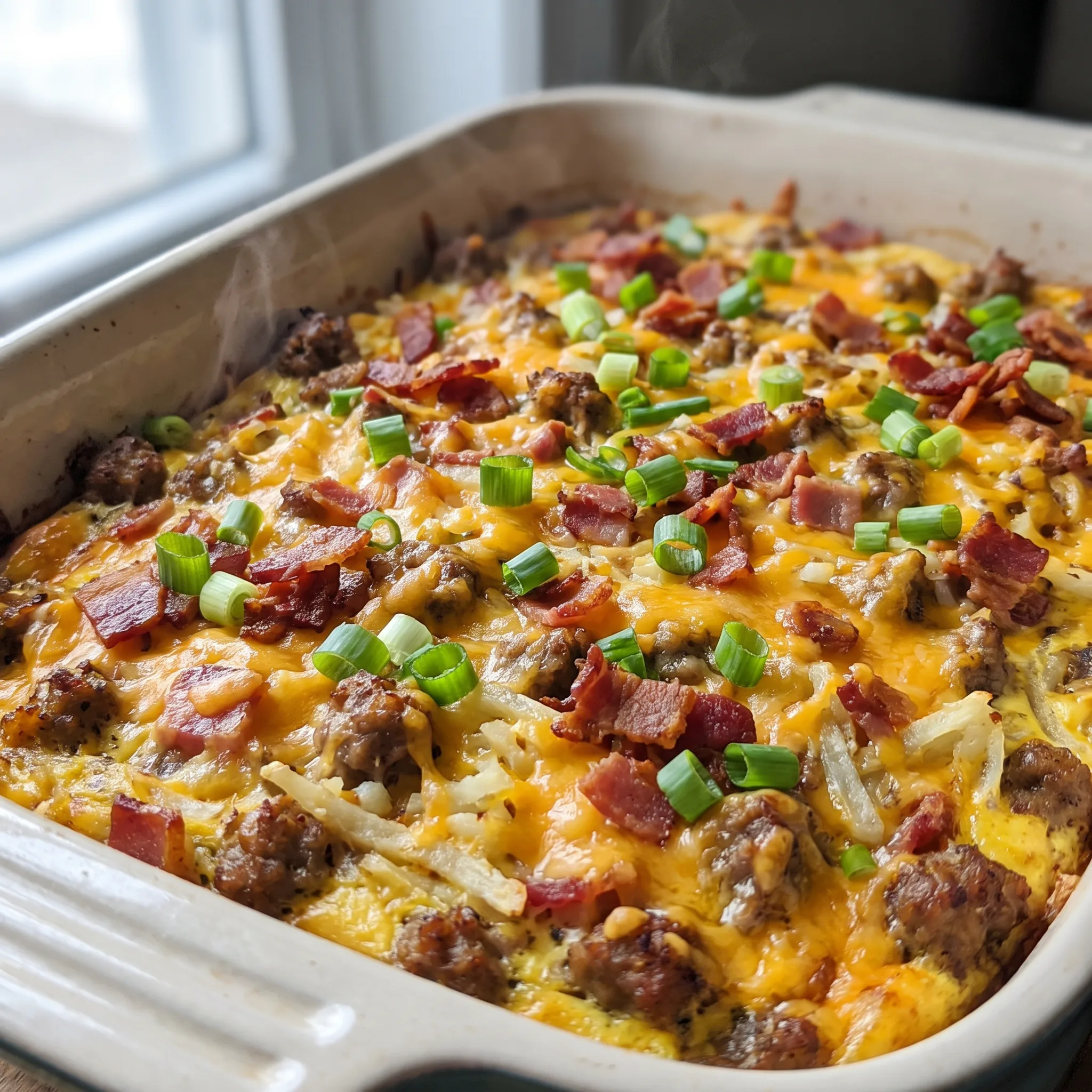 Overnight breakfast casserole with layers of hash browns, sausage, bacon, and melted cheddar cheese baked into eggs.