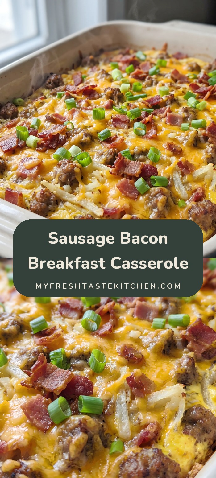 Baking dish of egg casserole with sausage, bacon, shredded hash browns, melted cheddar and green onions.