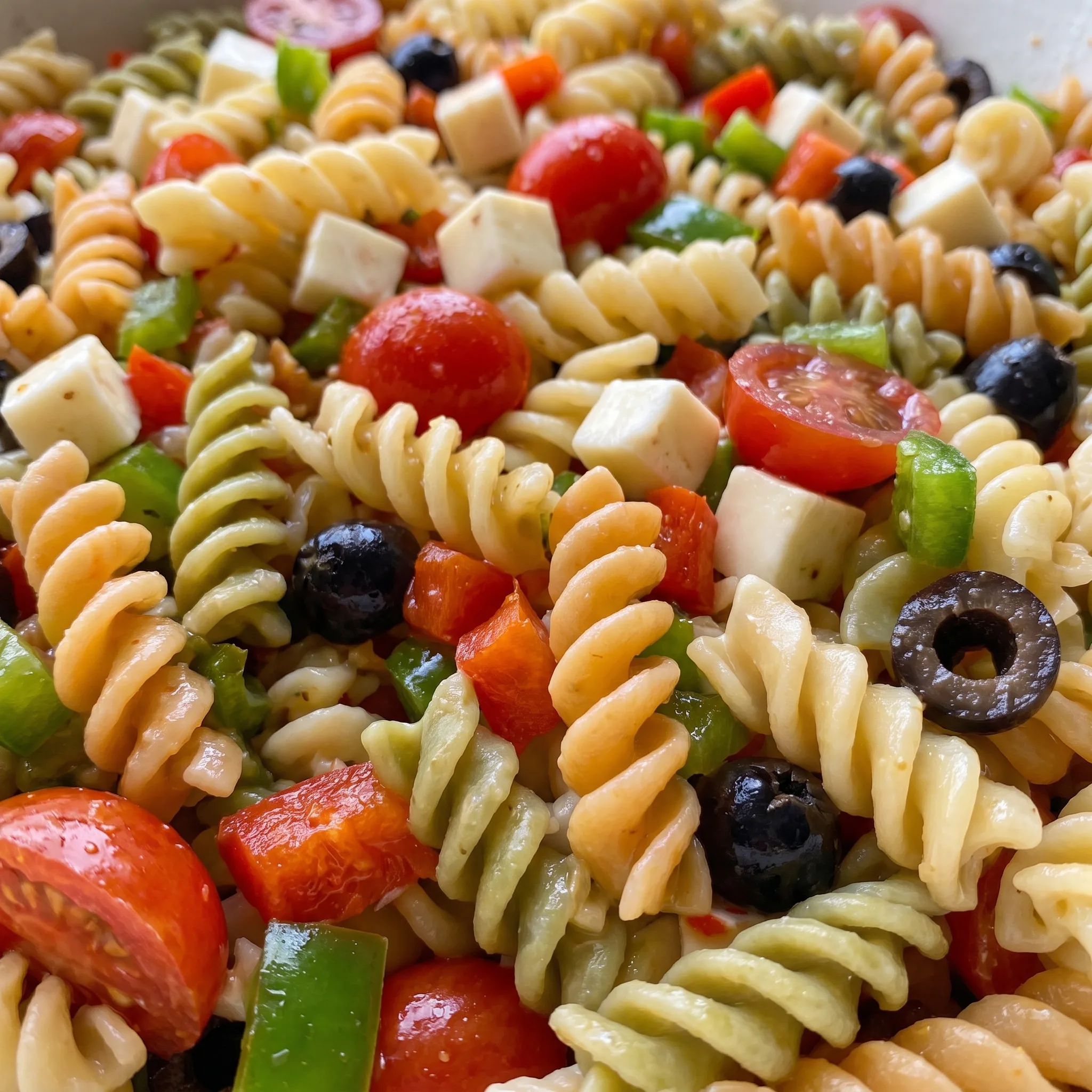 Spiral rotini pasta with creamy mozzarella cubes, juicy cherry tomato halves, crisp pepper pieces, and sliced black olives.