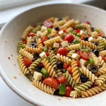 Colorful Rotini Pasta Salad with Mozzarella and Olives