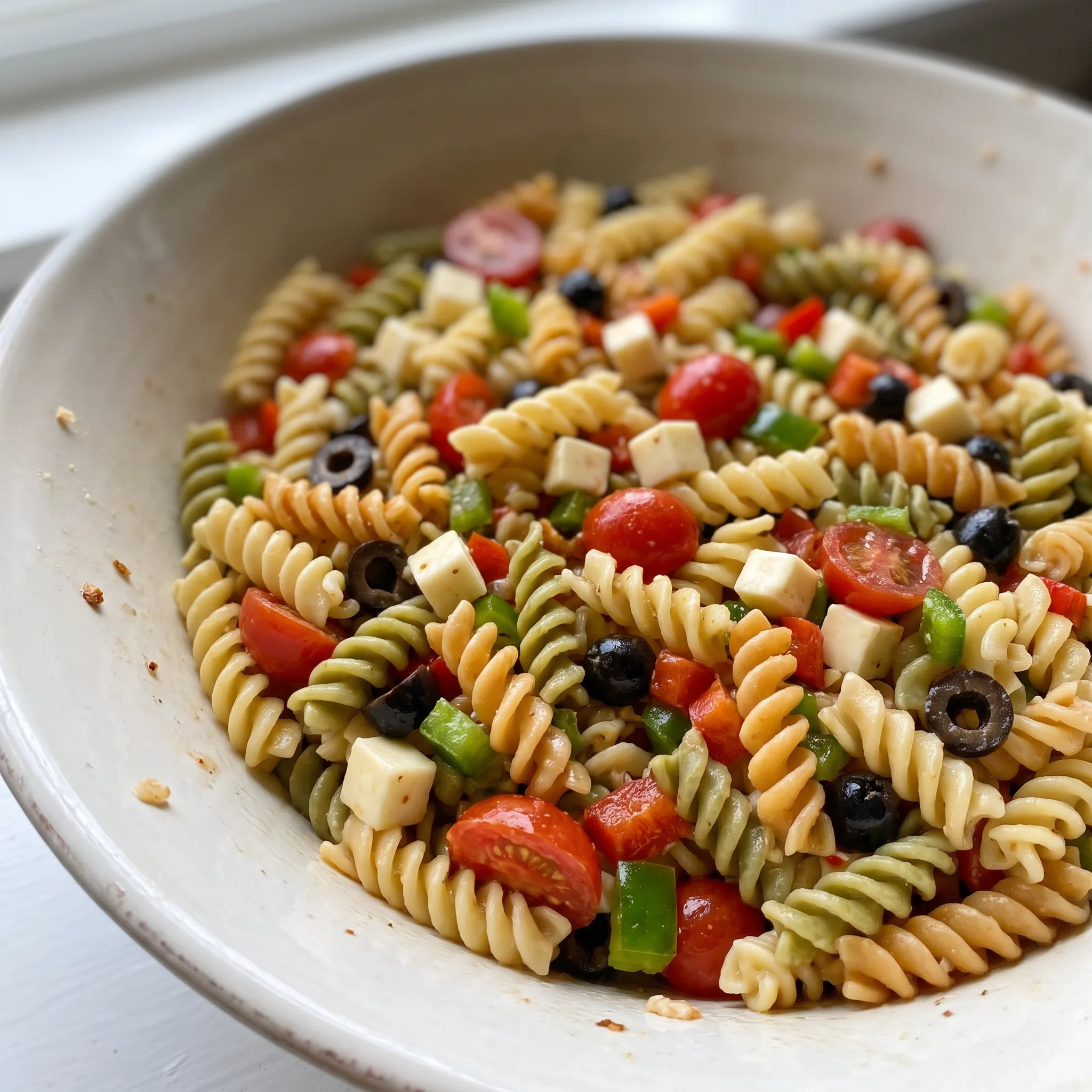 Multi-colored rotini pasta salad with mozzarella cubes, halved cherry tomatoes, diced red and green bell peppers, and sliced black olives.