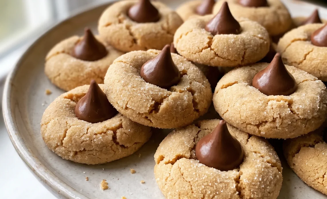Peanut butter blossom cookies topped with chocolate Hershey Kisses, golden brown edges and crackled surfaces.