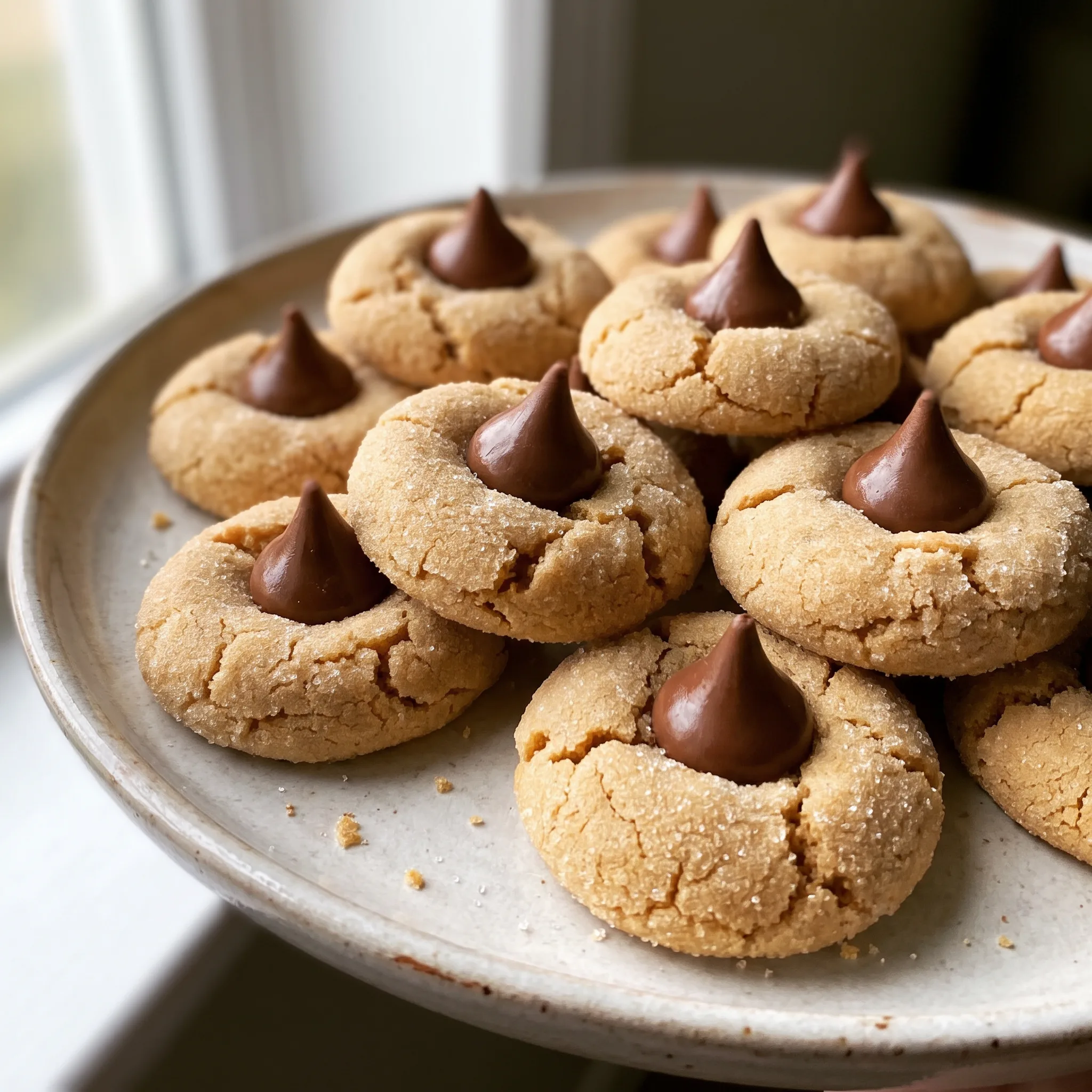 Peanut butter blossom cookies topped with chocolate Hershey Kisses, golden brown edges and crackled surfaces.