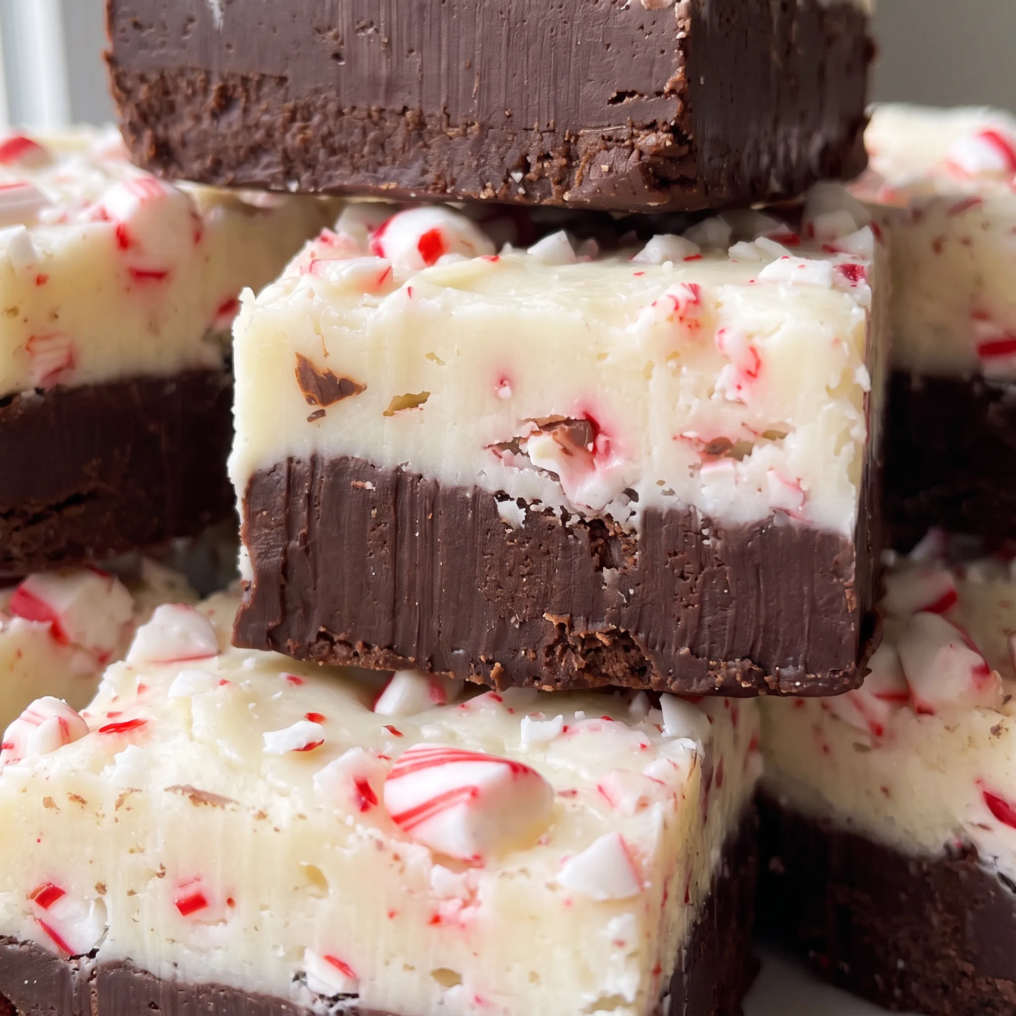 Red and white candy cane shards pressed into a glossy white chocolate layer over dark chocolate fudge.