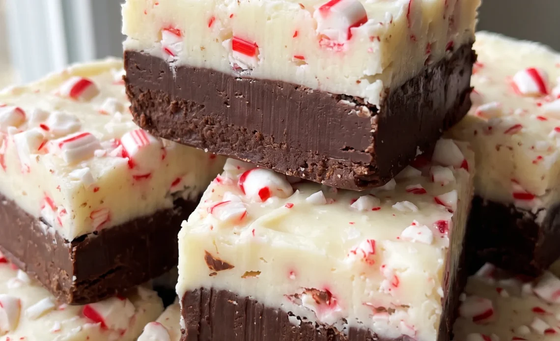 Peppermint bark fudge with a dark chocolate base, a white chocolate layer, and crushed candy canes scattered on top.