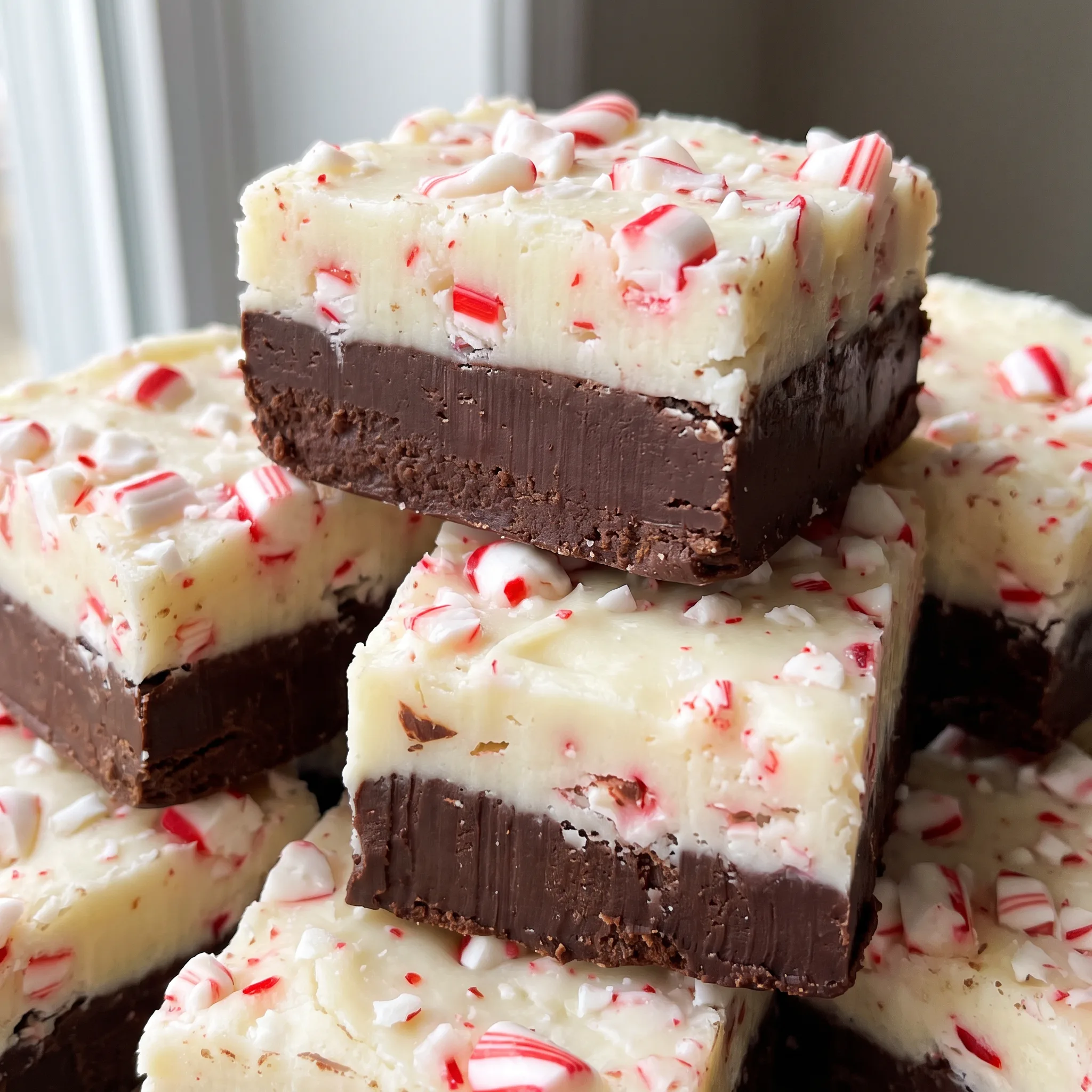 Peppermint bark fudge with a dark chocolate base, a white chocolate layer, and crushed candy canes scattered on top.