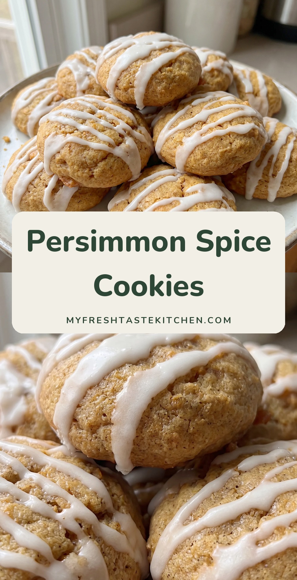 Plate of soft round cookies drizzled with white glaze.