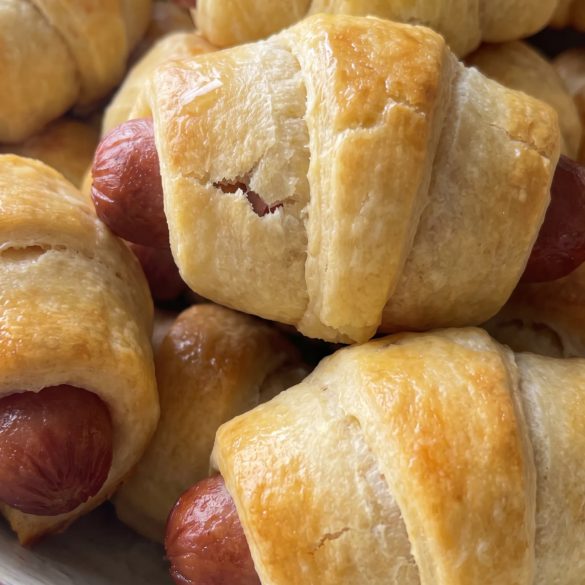 Flaky golden crescent roll crust wrapped around a small cocktail weenie, with creamy honey mustard sauce nearby.