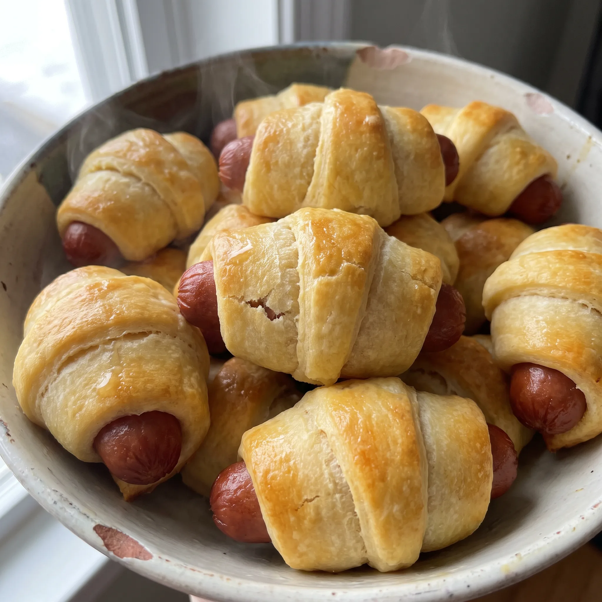Pigs in a blanket: golden crescent roll dough wrapped around cocktail weenies, with a side of honey mustard sauce.