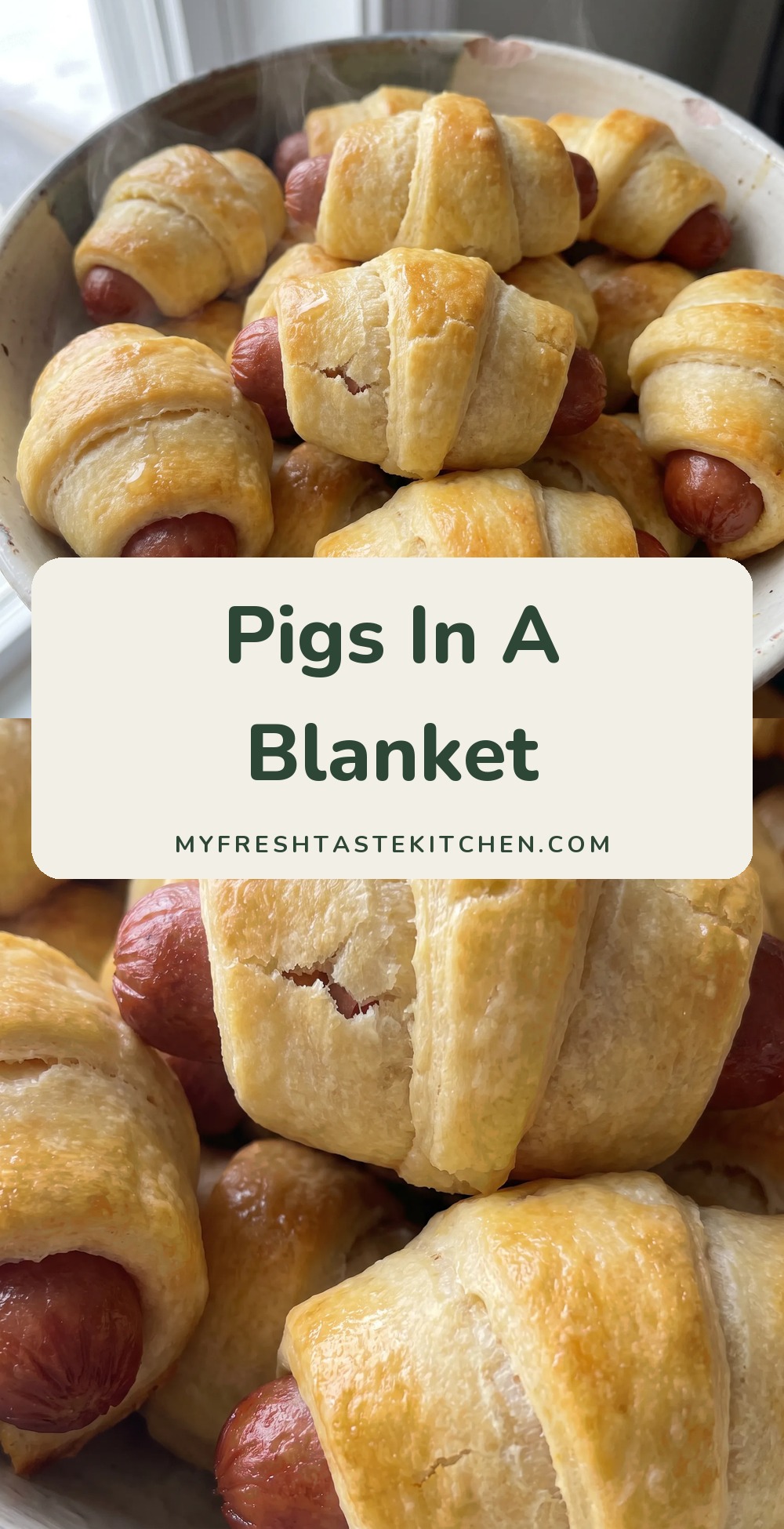 Bowl of golden crescent rolls wrapped around mini sausages.