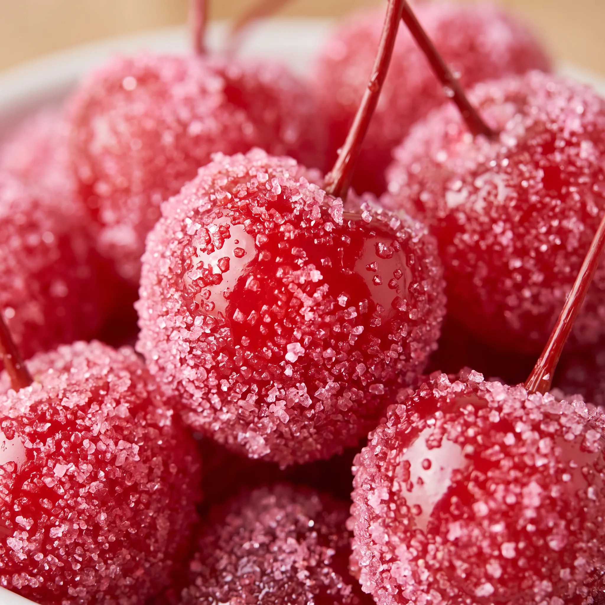 Grainy pink sugar crystals cling to the rounded red maraschino cherries, creating a rough, sparkling texture.