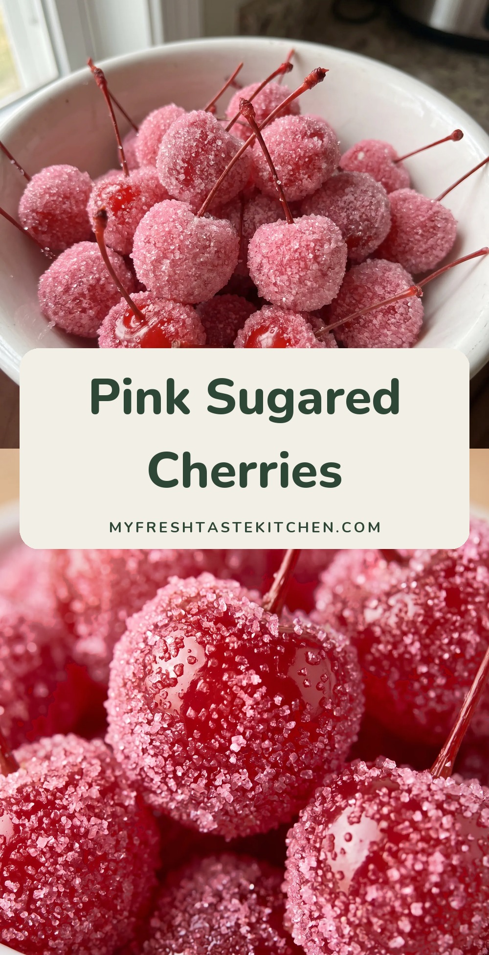 Bright pink sugar-coated maraschino cherries with stems, granular pink sugar crystals clinging to glossy red fruit.