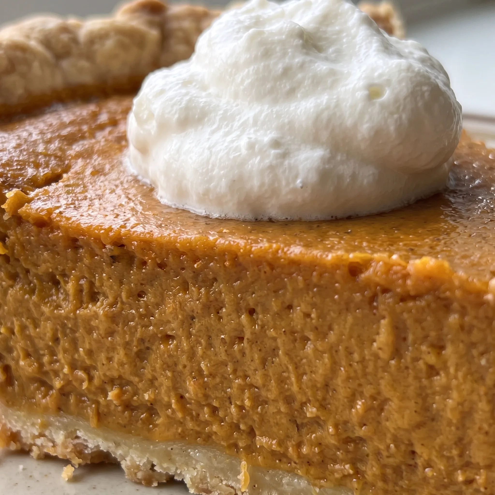 Smooth orange pumpkin custard filling with a small slice cut to show dense creamy texture.