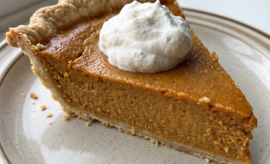 Whole pumpkin pie with golden brown custard filling and fluted pie crust edge.