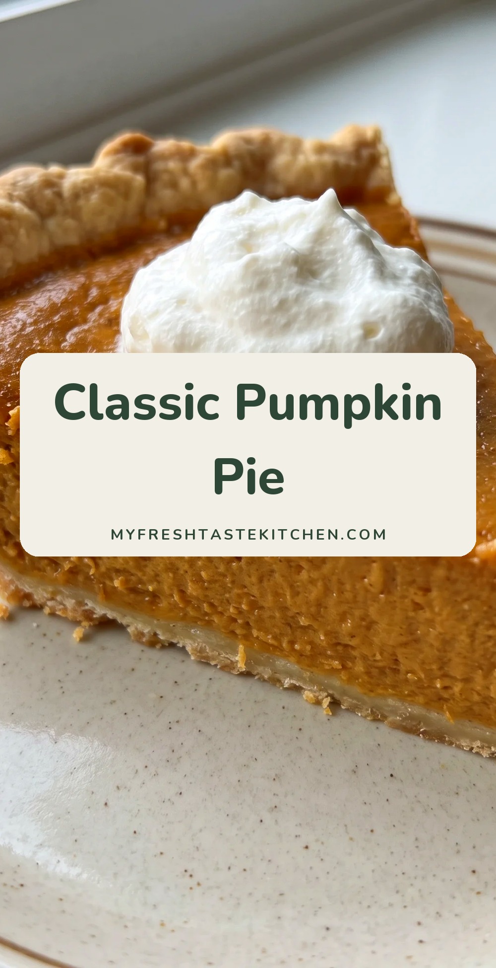 A golden-brown pumpkin pie with a smooth, creamy orange filling and a fluted crust, surrounded by a can of evaporated milk, eggs, and a whole pumpkin.