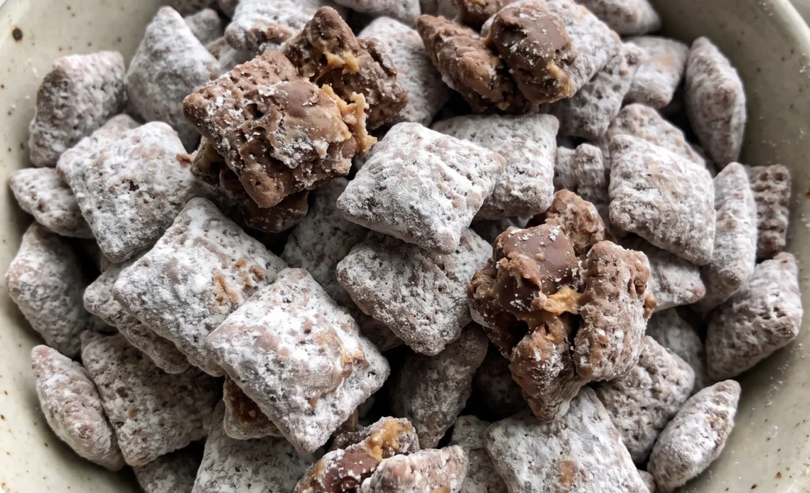 Rice Chex cereal squares coated in chocolate and peanut butter, dusted with powdered sugar.