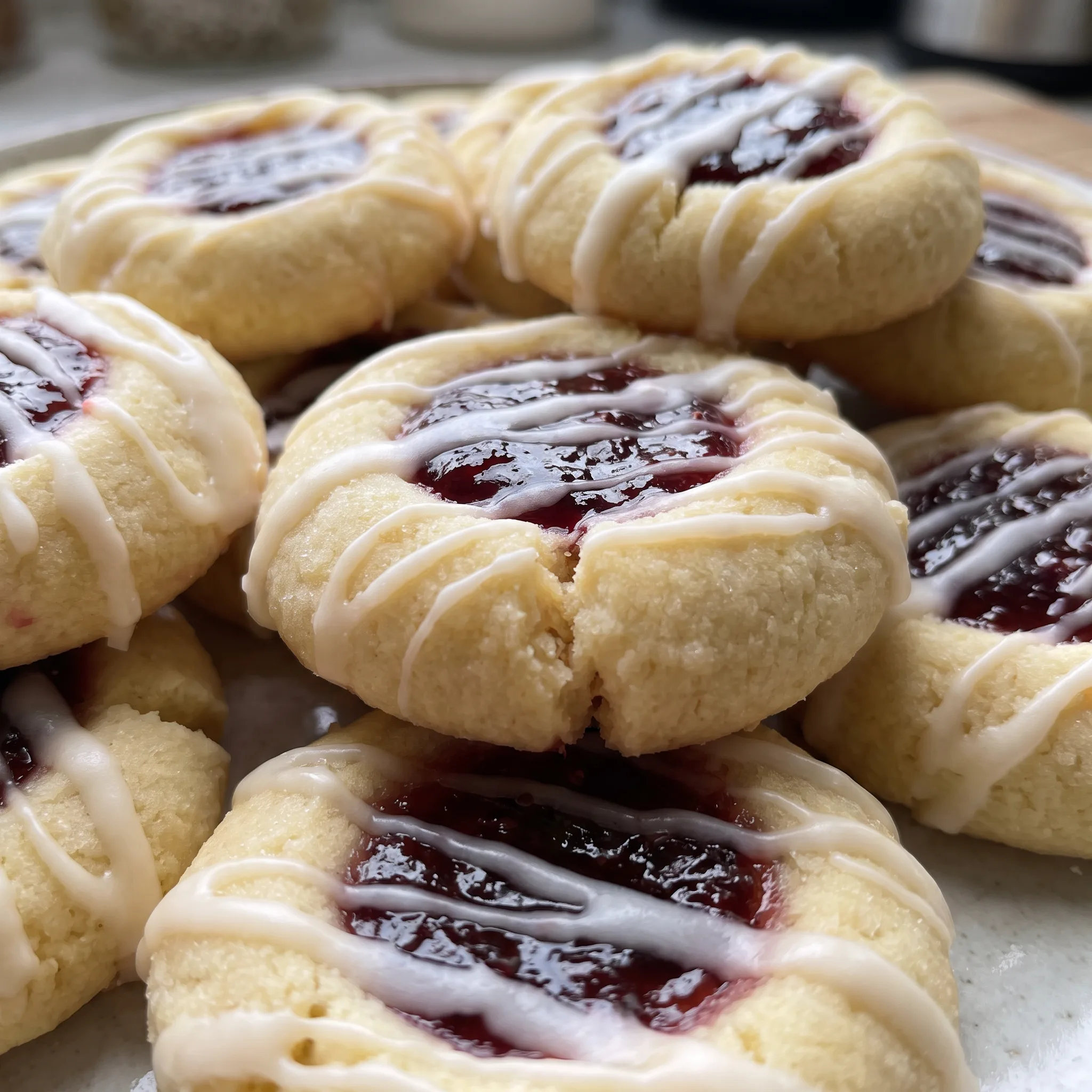 Glossy red raspberry jam fills the dimple of a pale golden cookie with a soft, crumbly texture.