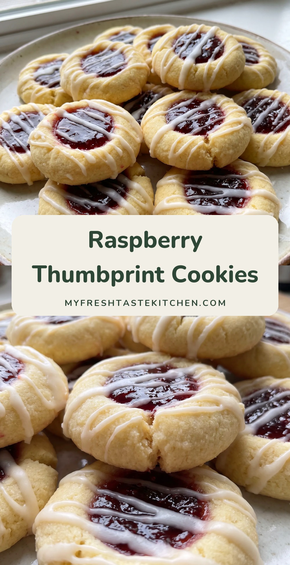 Golden cookies with thumbprint centers filled with glossy red raspberry jam, dusted with white glaze drizzle.