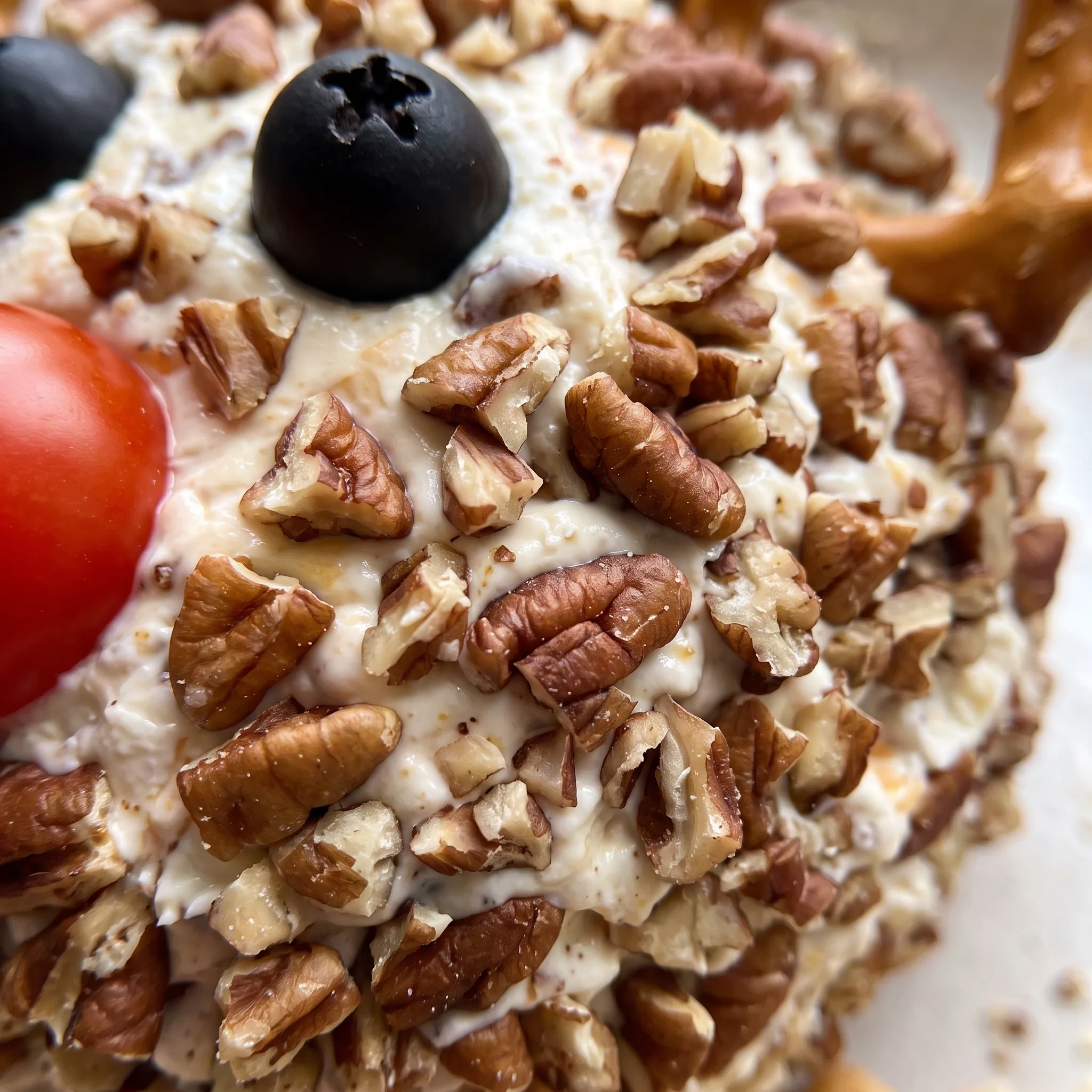 Crumbly pecan coating over a smooth cream cheese and cheddar ball, with pretzel antlers and a cherry tomato nose.