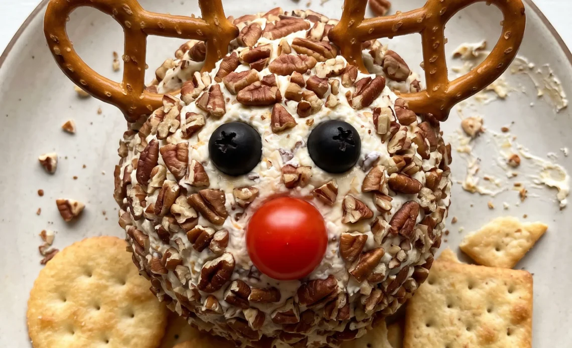 Reindeer cheese ball with cream cheese and cheddar, coated in pecans, pretzel antlers, black olive eyes, cherry tomato nose.
