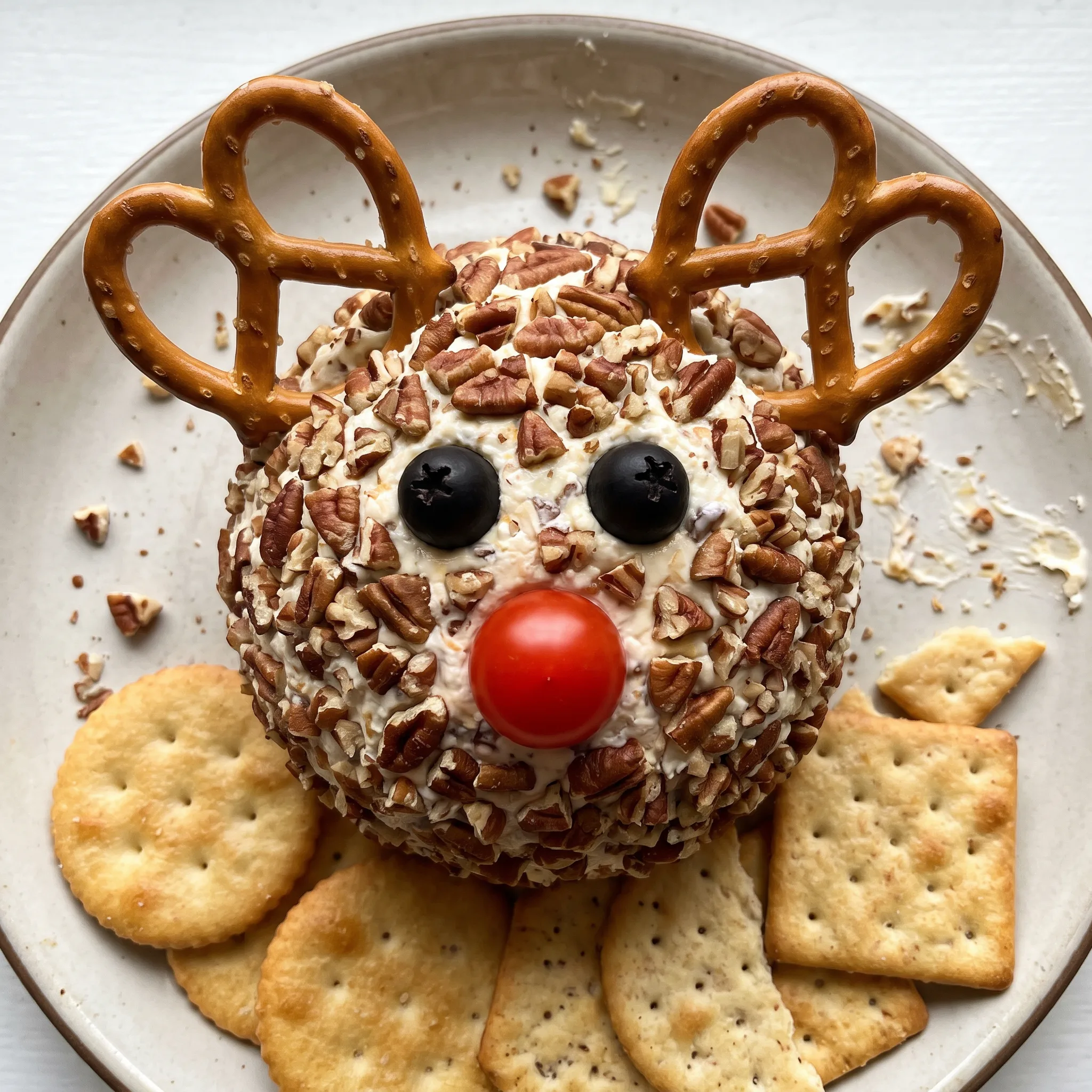 Reindeer cheese ball with cream cheese and cheddar, coated in pecans, pretzel antlers, black olive eyes, cherry tomato nose.