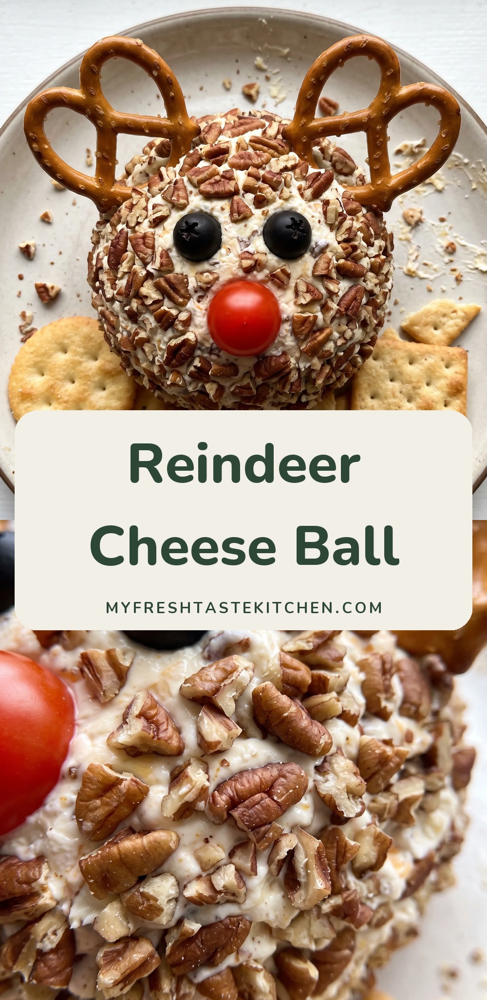 Cream cheese ball coated in chopped pecans with pretzel antlers, black olive eyes, and a cherry tomato nose.