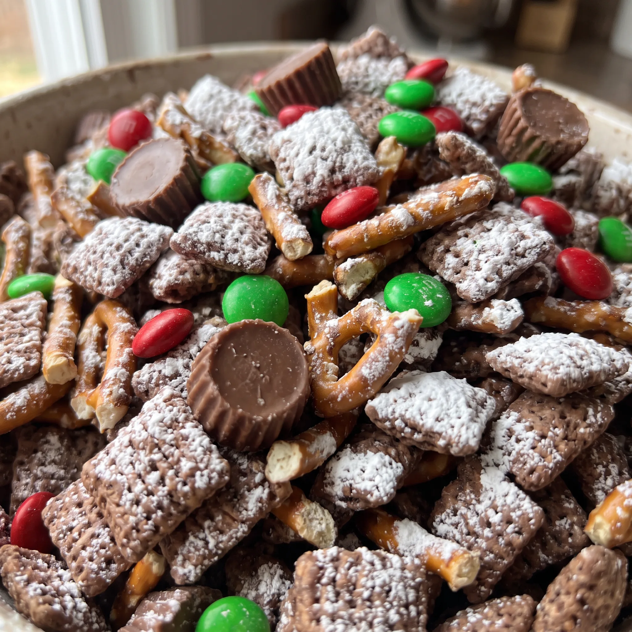 Chocolate peanut butter coated cereal clusters with pretzel pieces, M&Ms, and peanut butter cups.