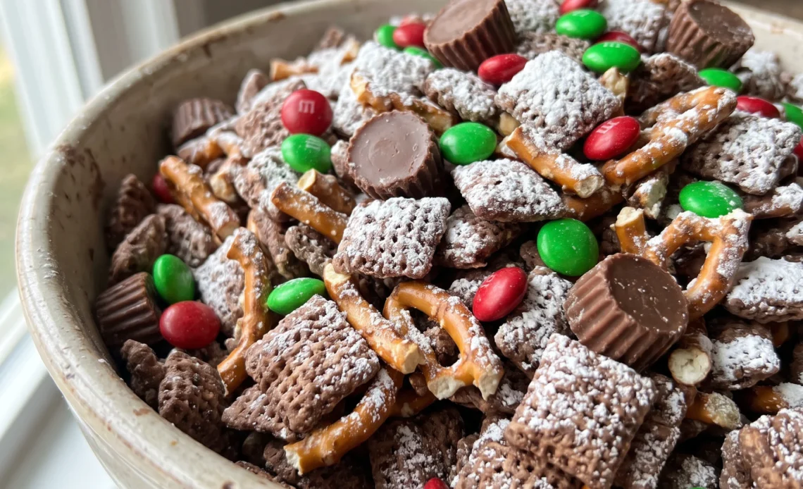 Reindeer Chow Chex Mix with Rice Chex, pretzels, M&Ms, peanut butter cups in a chocolate peanut butter coating.