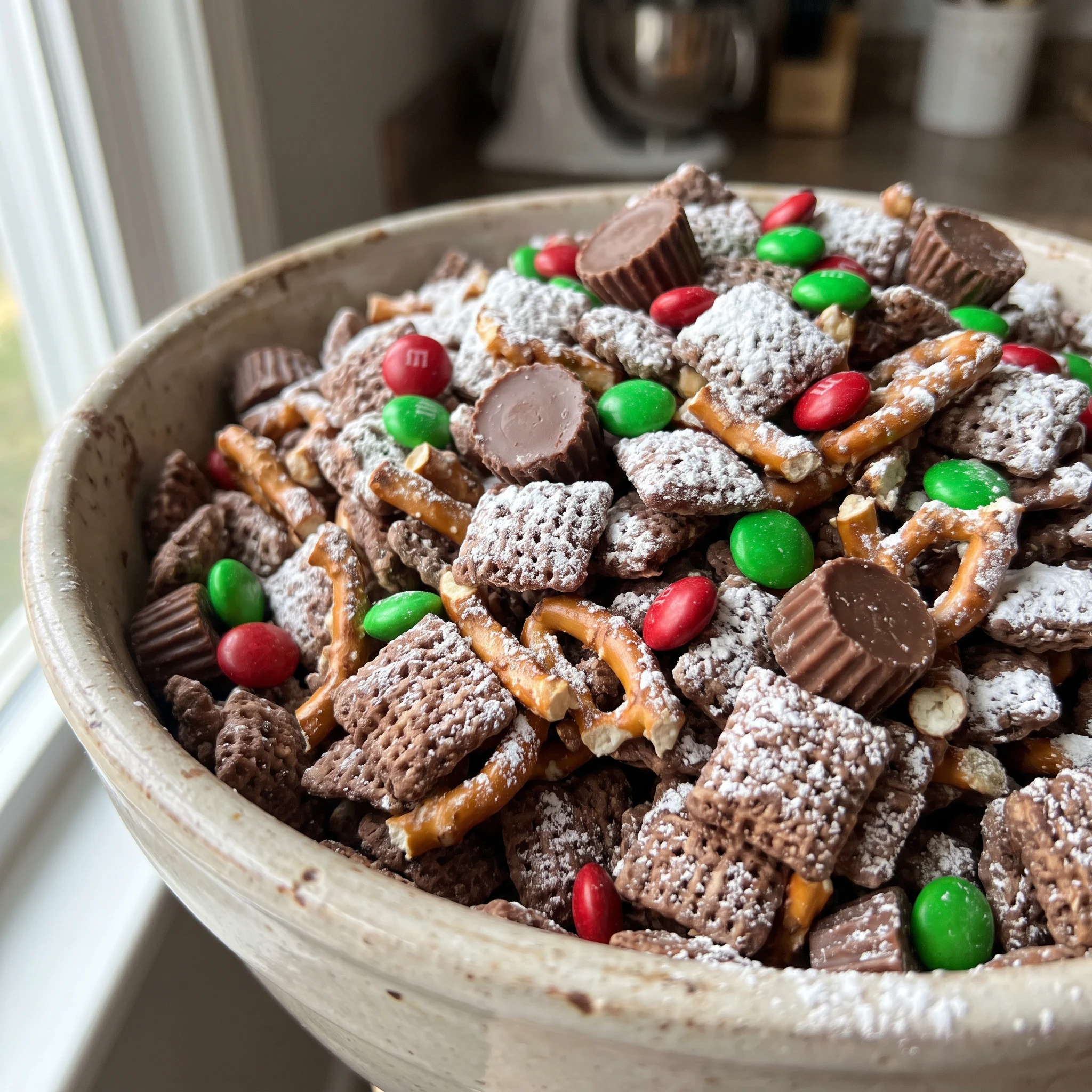 Reindeer Chow Chex Mix with Rice Chex, pretzels, M&Ms, peanut butter cups in a chocolate peanut butter coating.