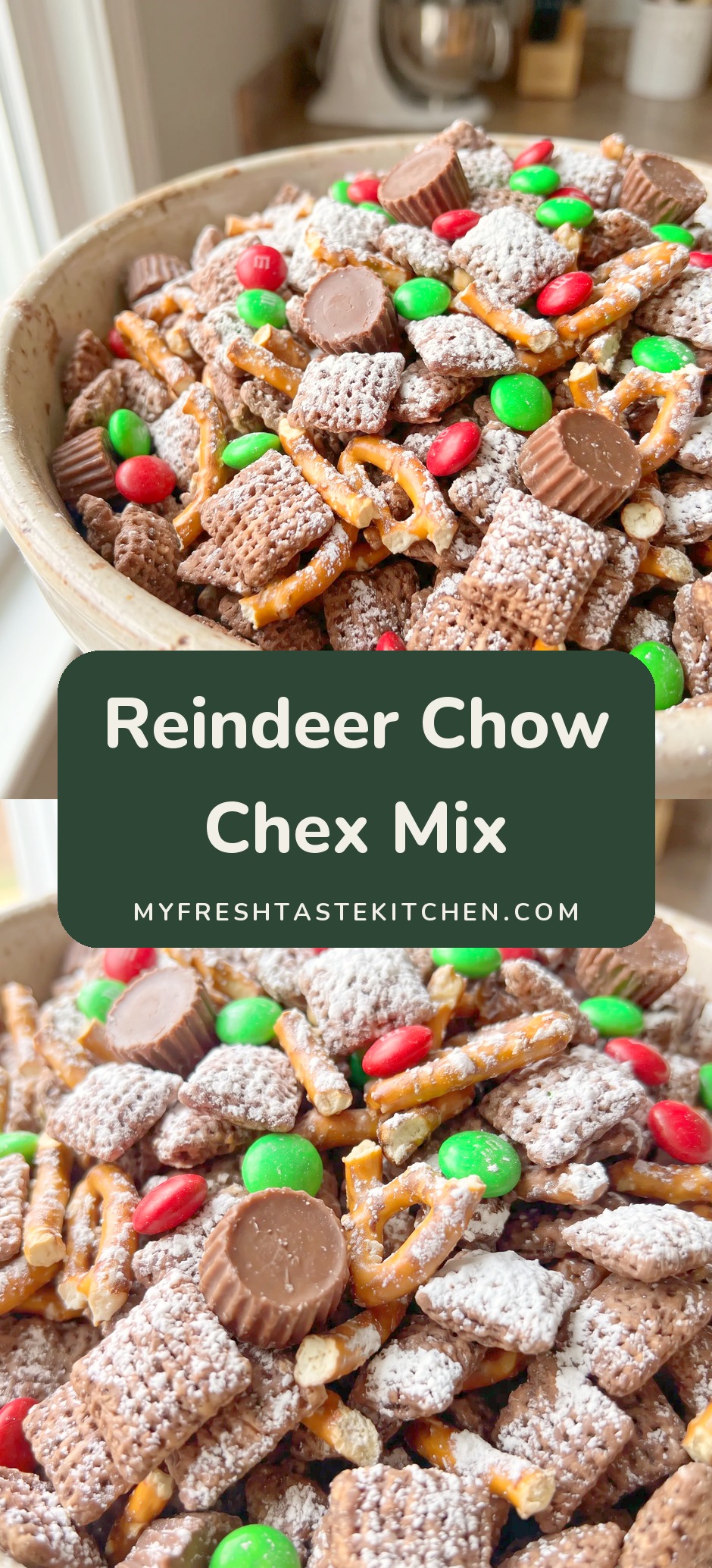 Rice Chex and broken pretzels coated in chocolate peanut butter, dusted with powdered sugar, tossed with red and green M&Ms and mini peanut butter cups.