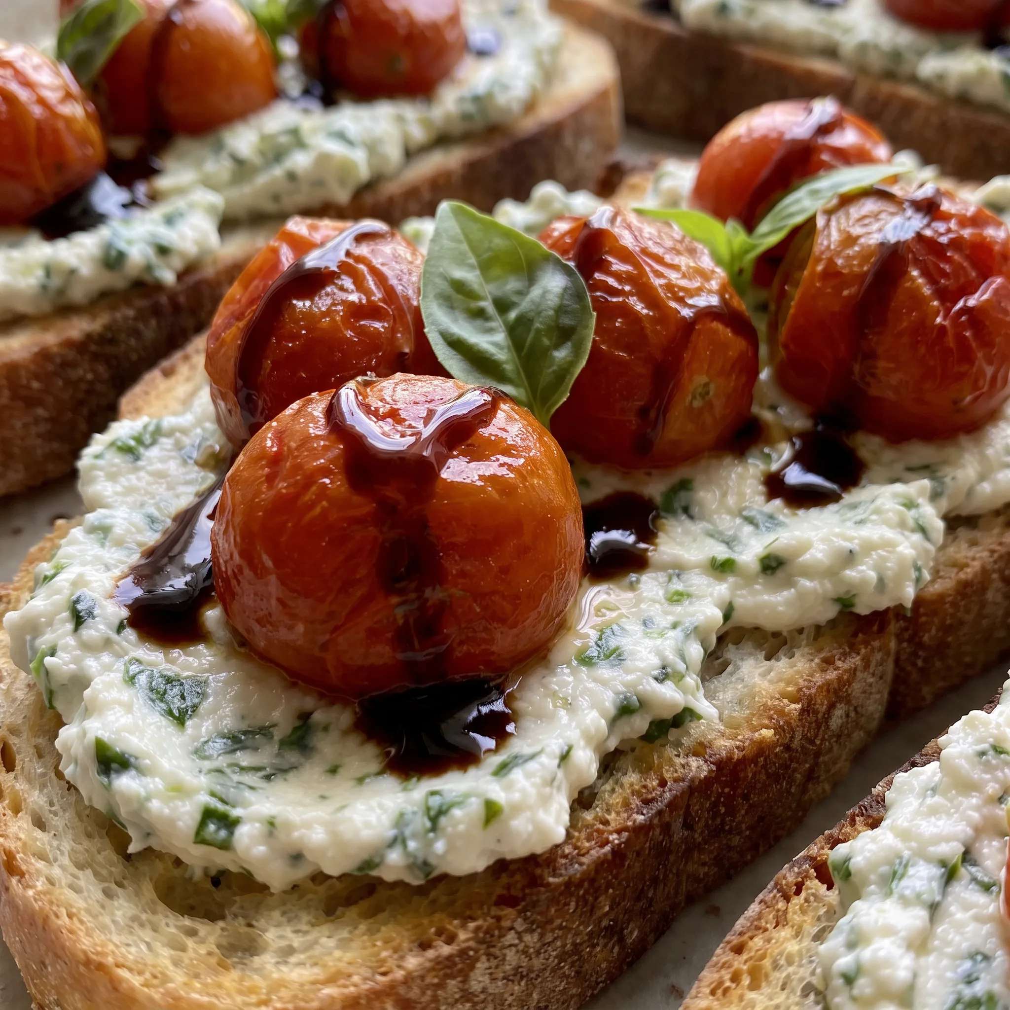 Creamy ricotta spread on toasted bread topped with blistered cherry tomatoes and dark balsamic glaze.