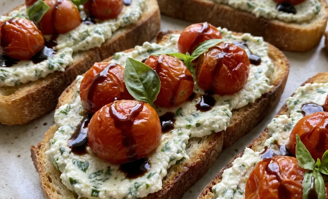 Ricotta bruschetta with roasted cherry tomatoes, basil, and balsamic glaze on crusty bread.