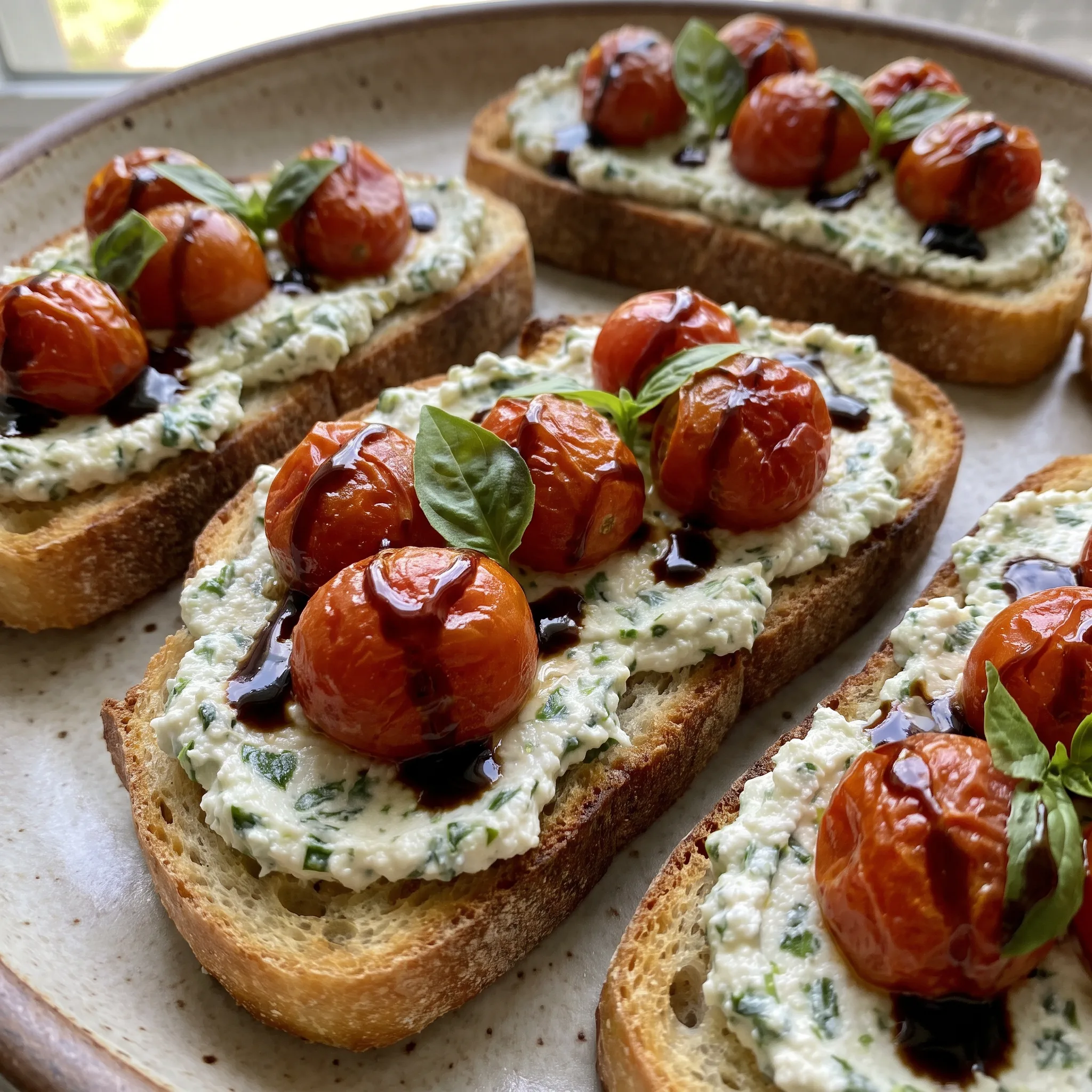 Ricotta bruschetta with roasted cherry tomatoes, basil, and balsamic glaze on crusty bread.