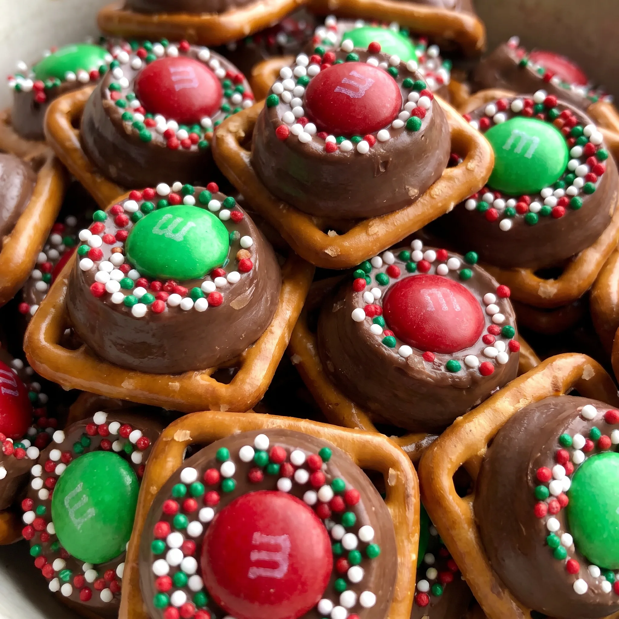 Glossy melted caramel over crisp pretzels, dotted with red and green M&Ms and tiny white nonpareil sprinkles.