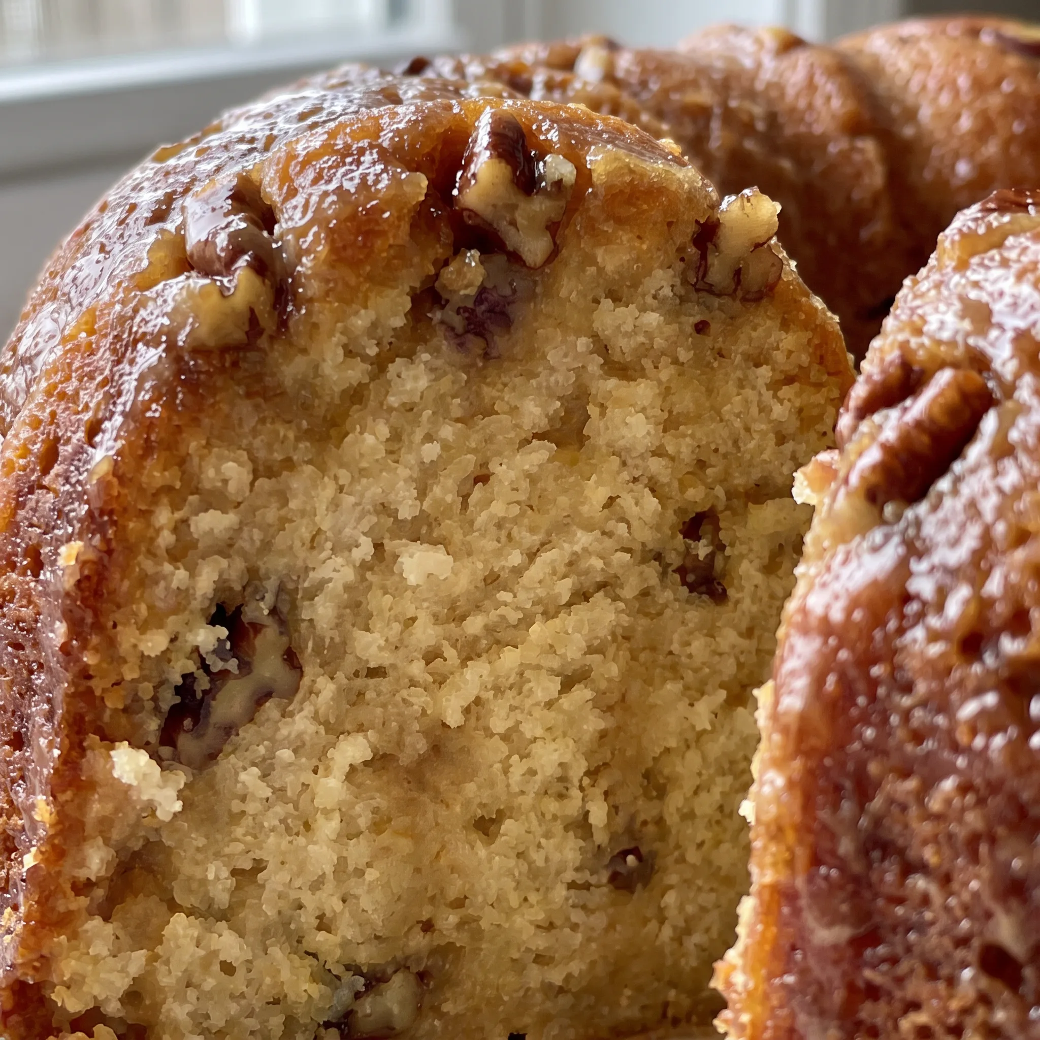 Moist rum soaked bundt cake crumb with toasted pecan pieces and a shiny butter rum glaze dripping down the sides.