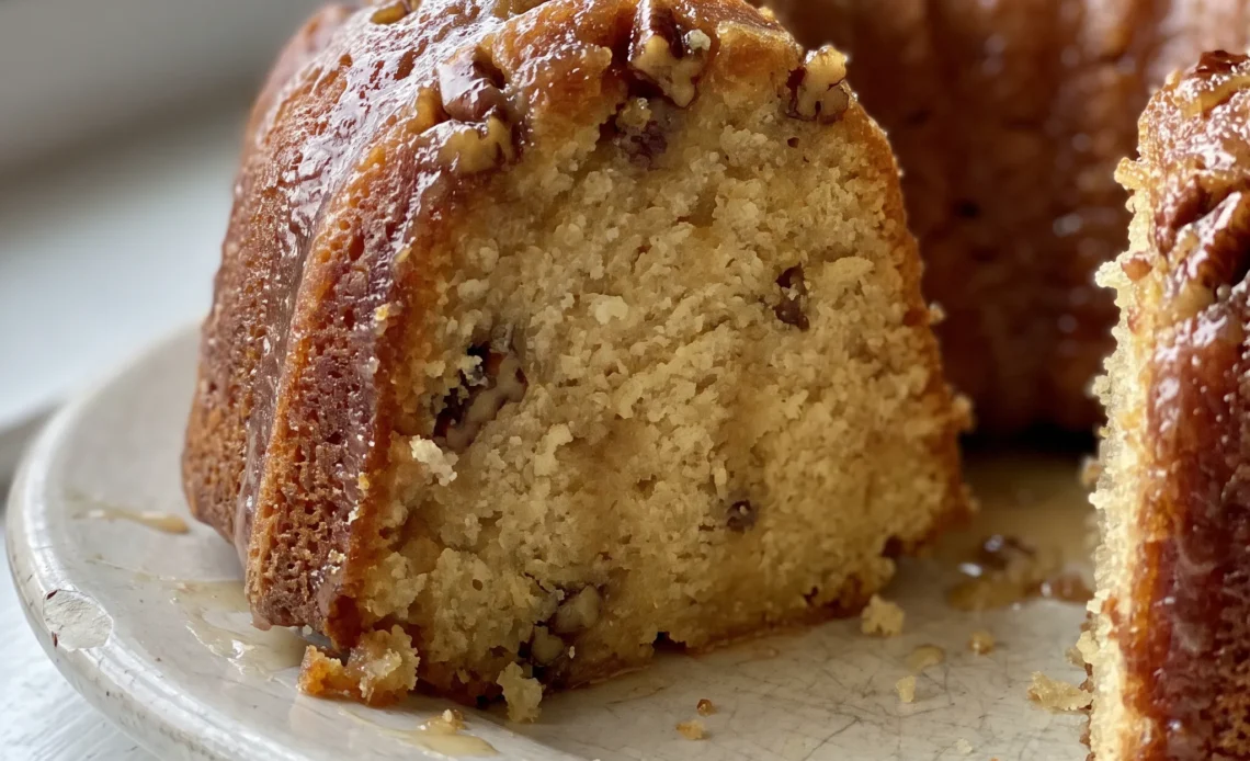 Rum soaked bundt cake with a glossy dark rum glaze, topped with chopped pecans and melted butter sheen.