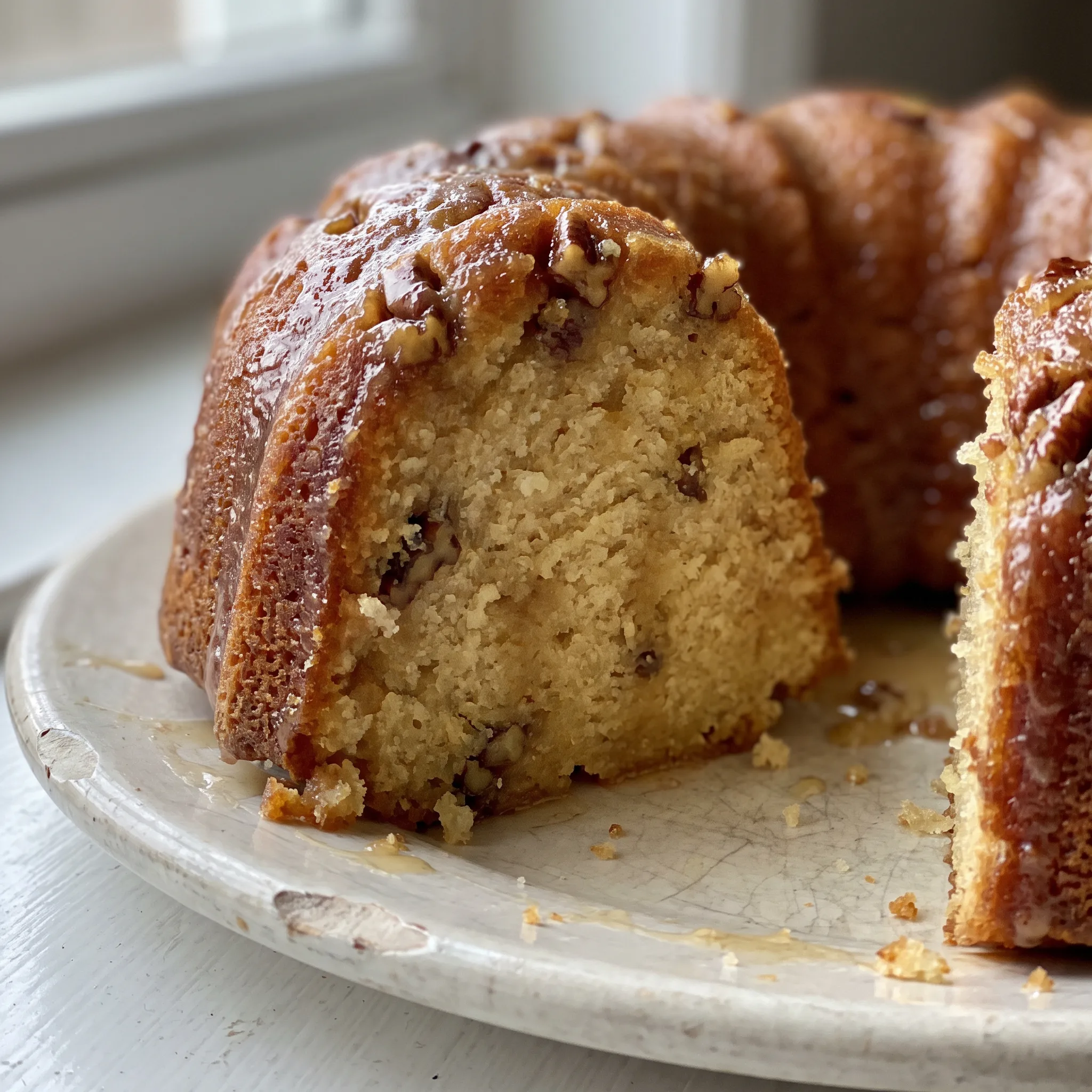 Rum soaked bundt cake with a glossy dark rum glaze, topped with chopped pecans and melted butter sheen.