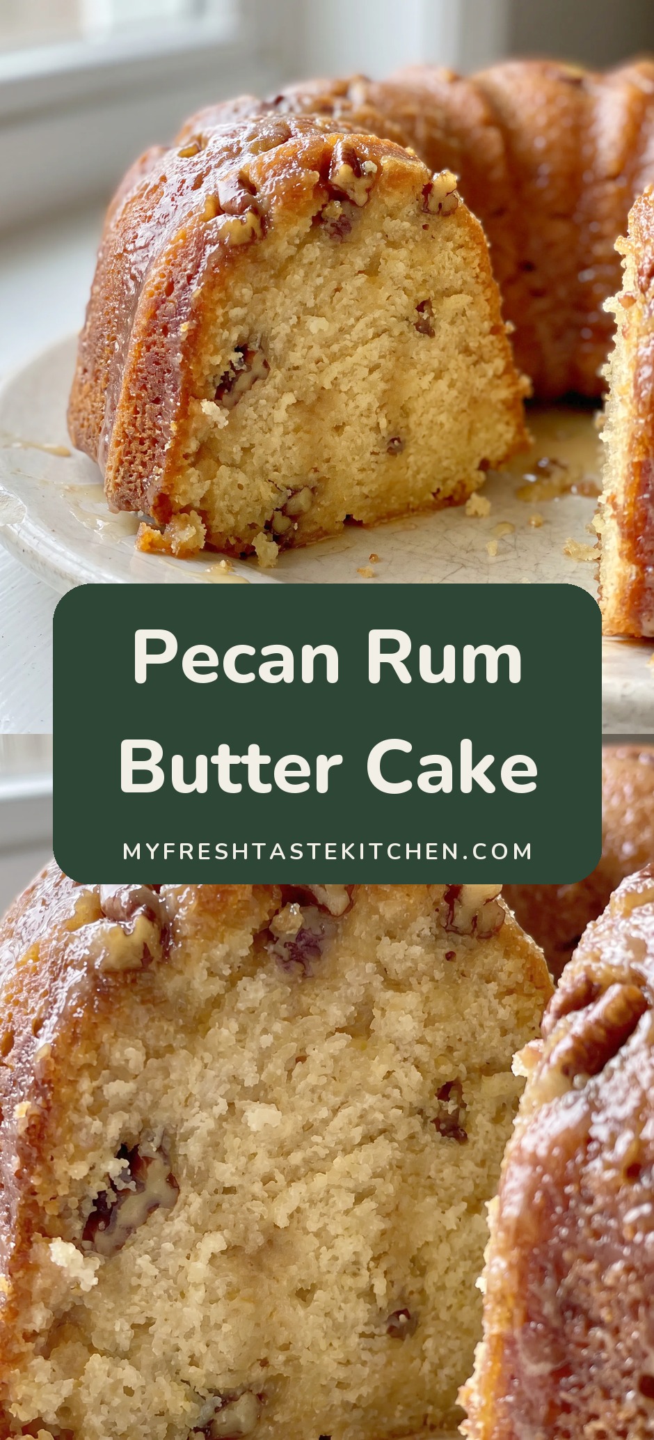 Golden brown bundt cake with chopped pecans on top, glossy rum butter sauce soaking into the moist crumb and drizzling down the sides.