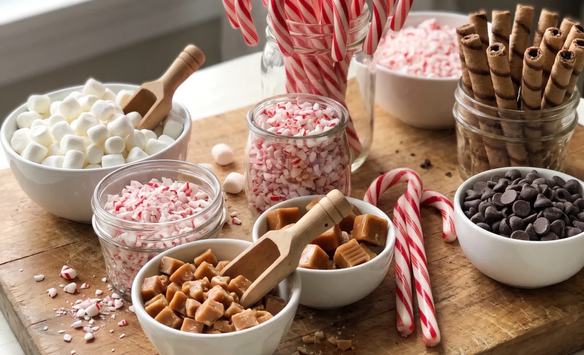 Cocoa hot chocolate topped with whipped cream, cookies, pretzels, and nuts.