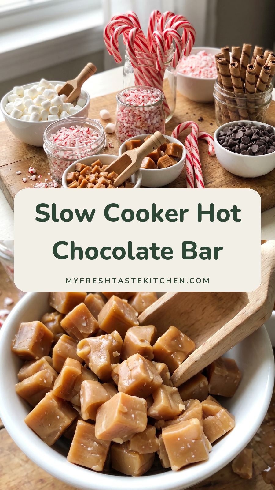 Cocoa powder, milk, and cream blended into a warm drink, topped with whipped cream, crushed cookies, pretzels, and nuts.