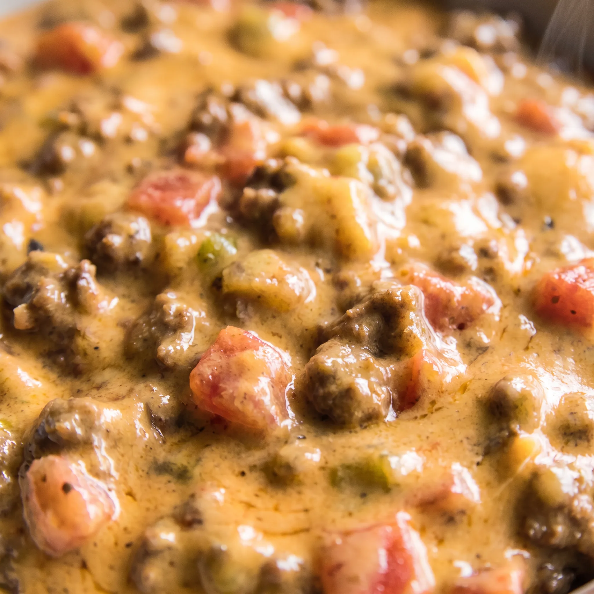 Creamy melted cheese dip studded with browned beef crumbles and soft red and green chile tomato bits.