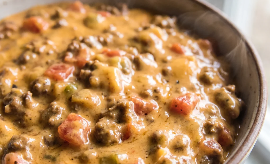 Taco cheese dip with melted Velveeta, crumbled ground beef, and diced tomatoes with green chiles.